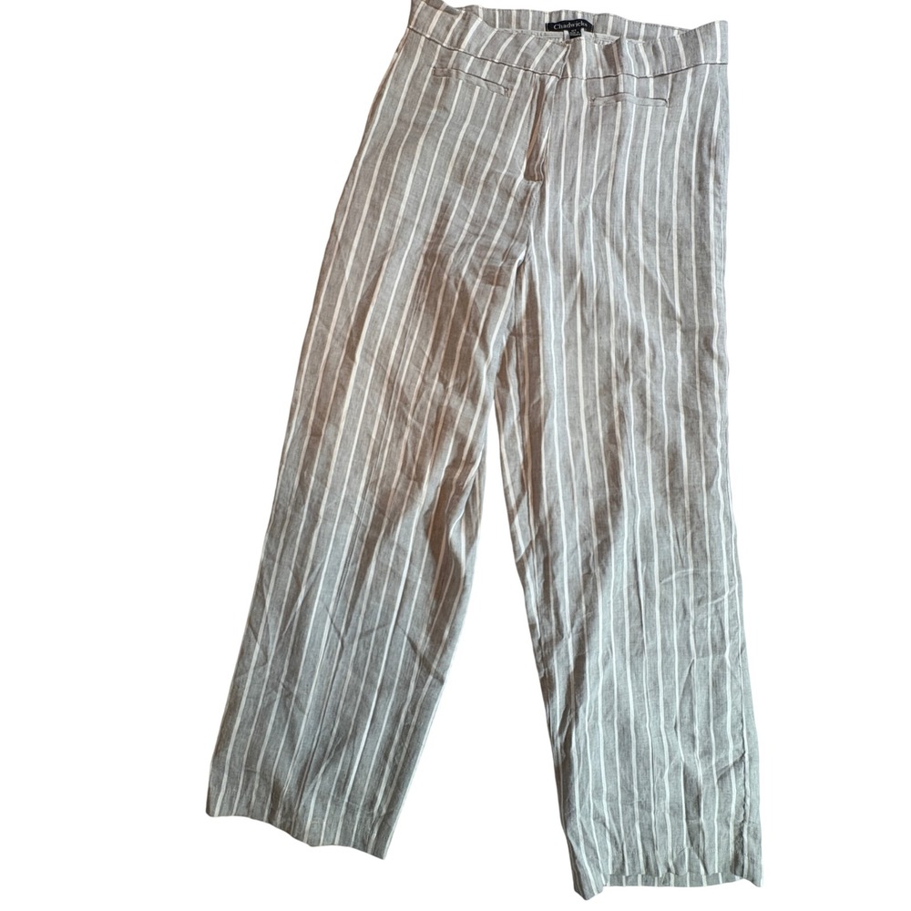 Chadwicks Striped Wide Leg Pants Womens 12T Grey Linen Blend Tall Trousers